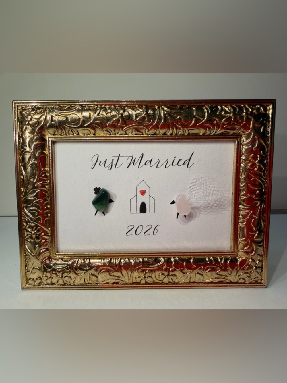 'Just Married' Sea Glass Artwork in Gold Frame